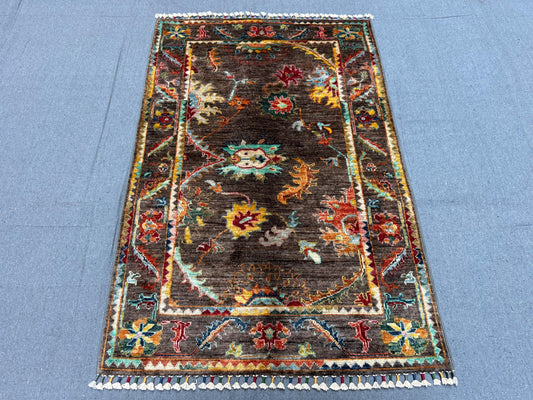 Handmade Small Afghan Brown chocolate color Sultani Rug-Floral  Vintage-Inspired area rug,Multicolor Oriental rug,Unique Small Rug For gift.