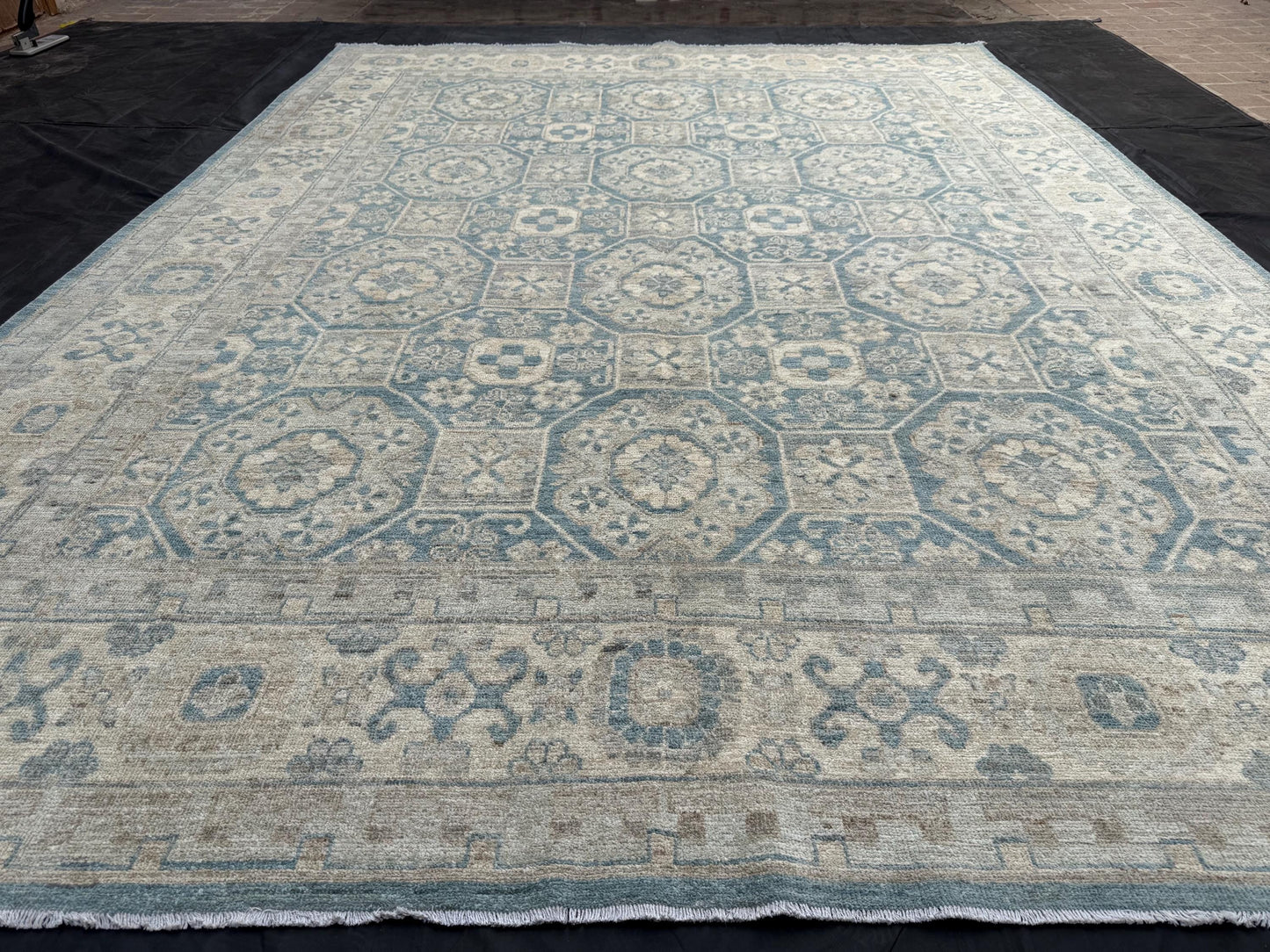 9x12 Soft Turkish Blue Oushak Rug,Modern Handmade,Blue and Cream Handmade Oushak Rug,Pastel Blue Oriental Rug,Neutral Toned Oushak Rug.