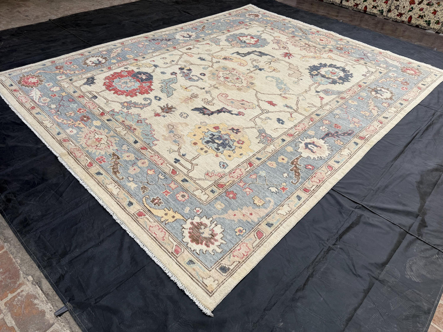 Elegant Blue and Cream Turkish Oushak Rug,Bohemian Floral Oushak Area Rug,Handmade Turkish Carpet with Vintage Charm,8x9 Living room rug.