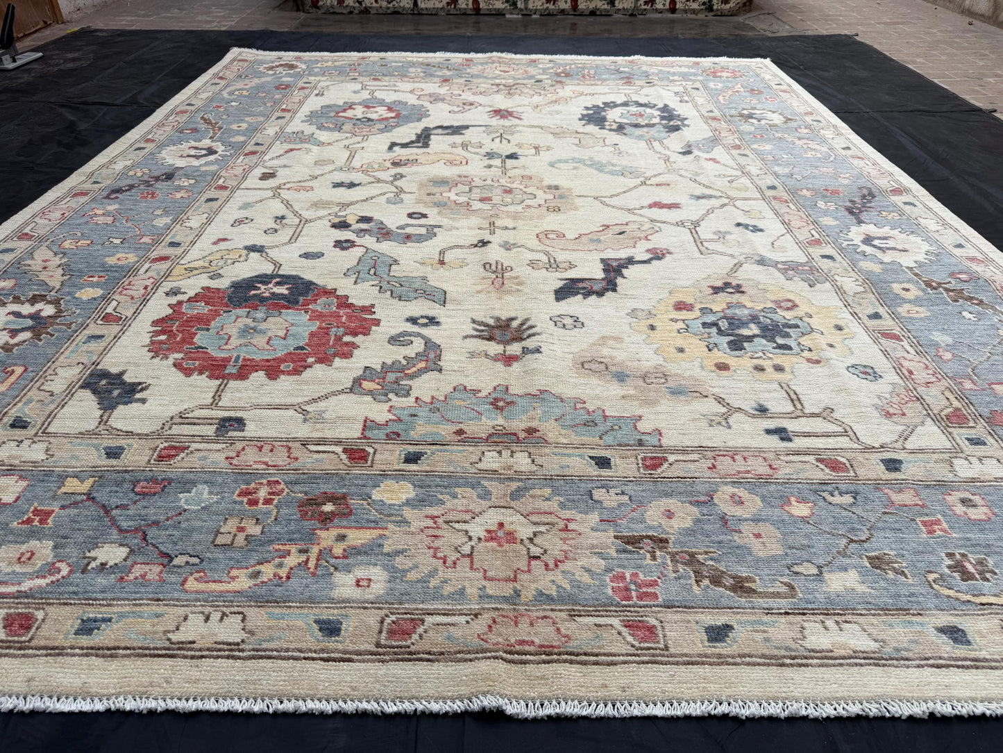 Elegant Blue and Cream Turkish Oushak Rug,Bohemian Floral Oushak Area Rug,Handmade Turkish Carpet with Vintage Charm,8x9 Living room rug.