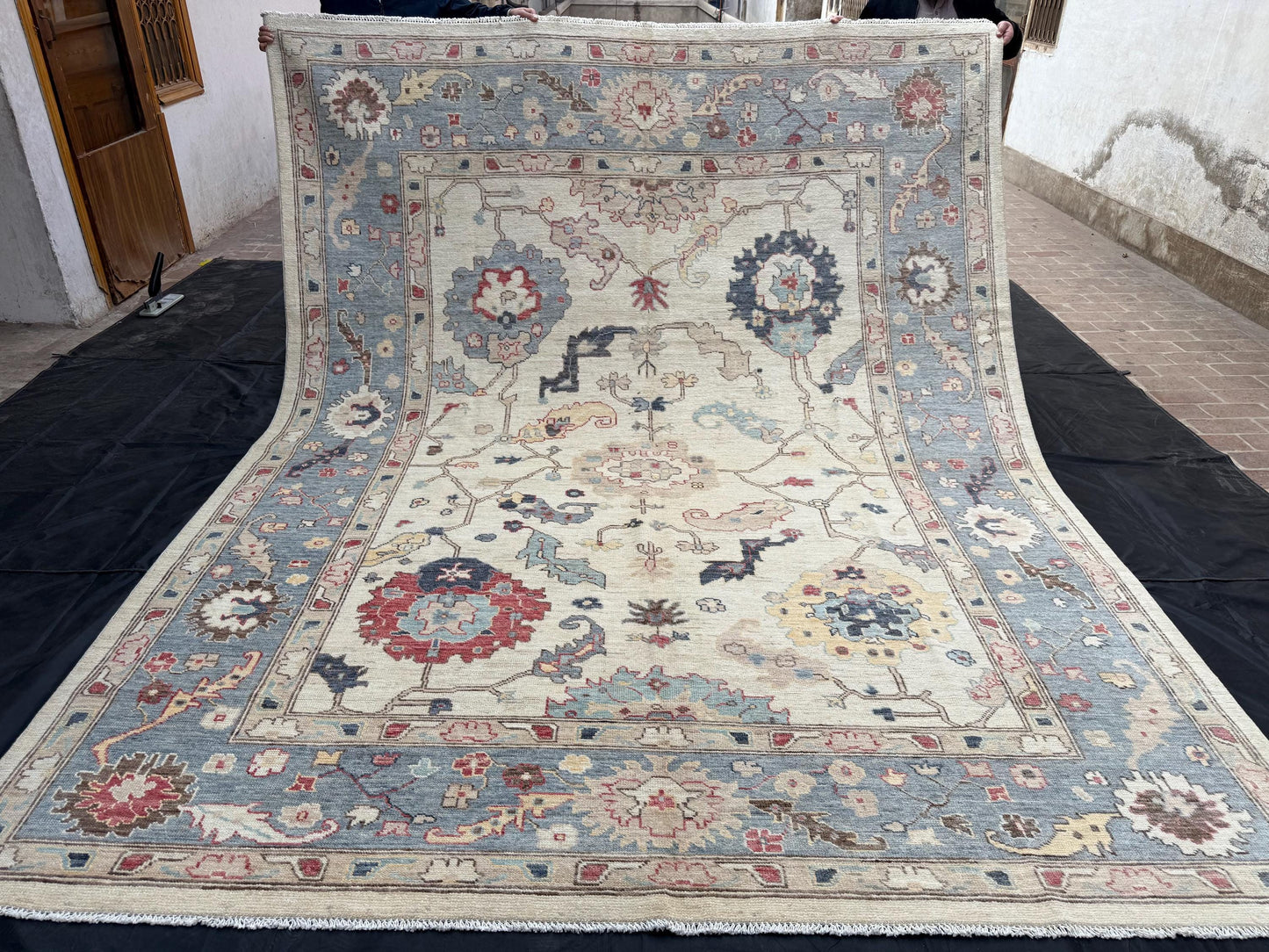 Elegant Blue and Cream Turkish Oushak Rug,Bohemian Floral Oushak Area Rug,Handmade Turkish Carpet with Vintage Charm,8x9 Living room rug.