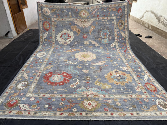 9x12 Large Turkish Oushak Area Rug,Blue and Red Oushak Rug,Elegant Blue and Red Oushak Rug,Elegant Floral Design in Blue and Beige,9x12 rug