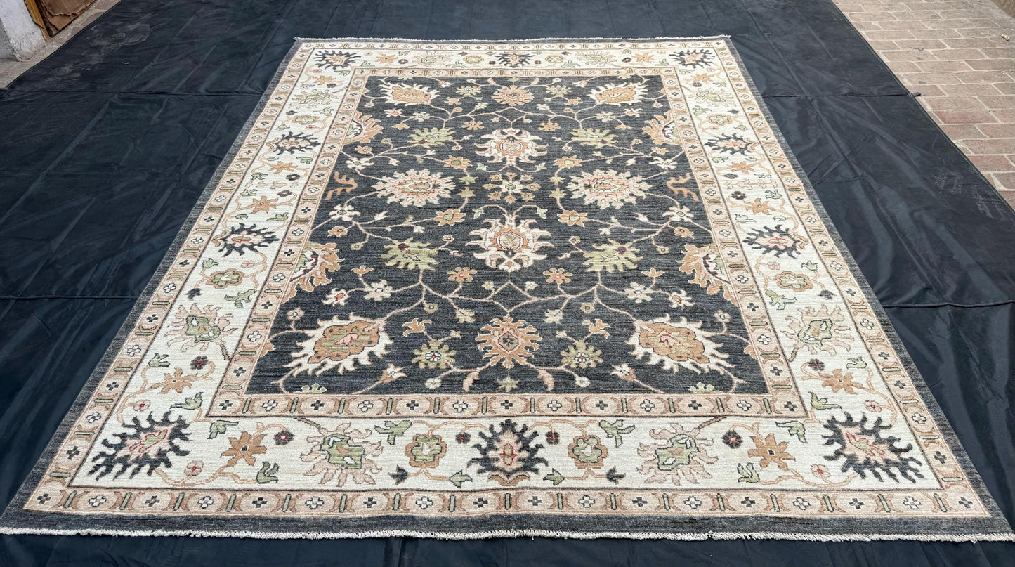 Handmade Oushak Rug - Elegant Black and Cream Floral Turkish Wool Carpet,Vintage-Inspired Oushak Rug,Rustic Turkish Oushak Rug,8x10 Rug