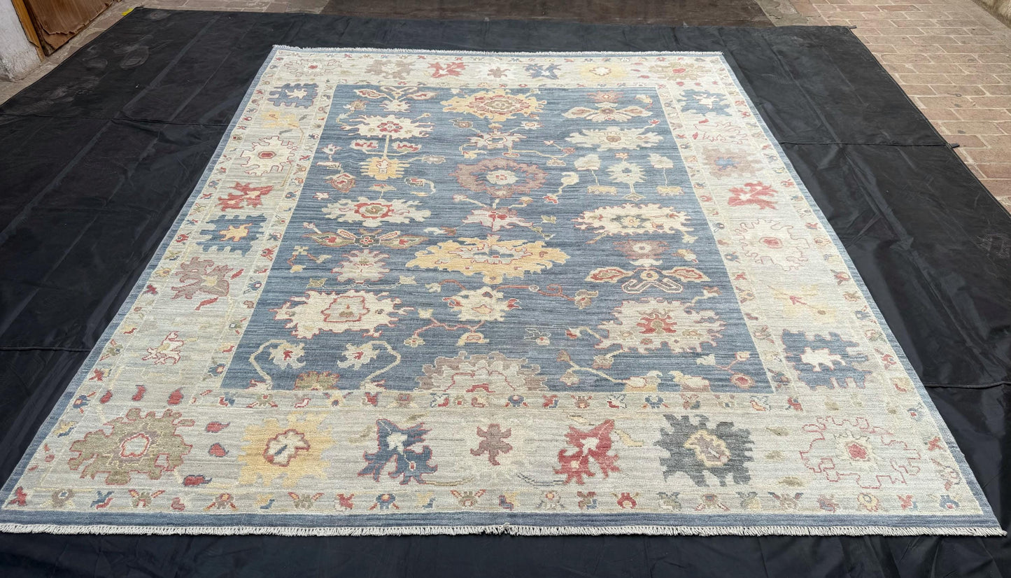 Pastel Blue and Beige Turkish Oushak Rug,Turkish Handmade Oushak Rug,Large Neutral Oushak Rug,Vintage Turkish Oushak Rug,8x9 living room rug