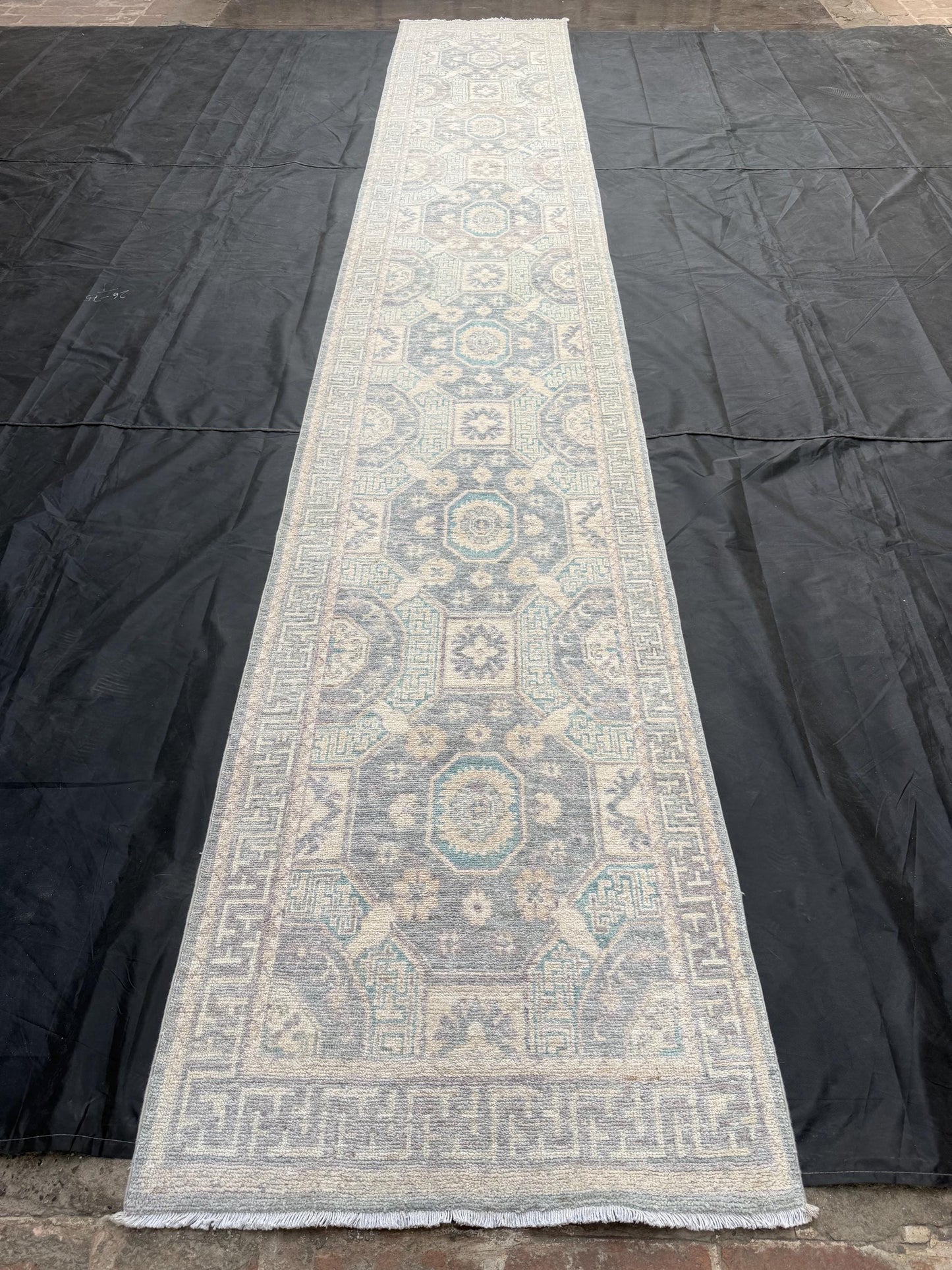 15 ft Extra long Handmade Oushak Runner Rug - Elegant Turkish Wool Hallway Runner rug in Pastel Tones,Soft Blue Cream toned Runner rug.