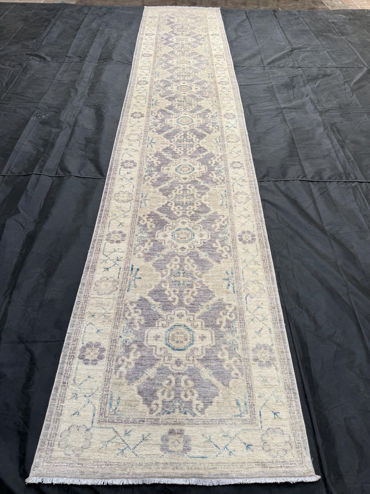 14 ft Extra long Handmade Oushak Runner Rug -Rustic Turkish Oushak runner,,Soft Blue Cream toned Runner rug.Soft Pastel Oushak Runner Rug.