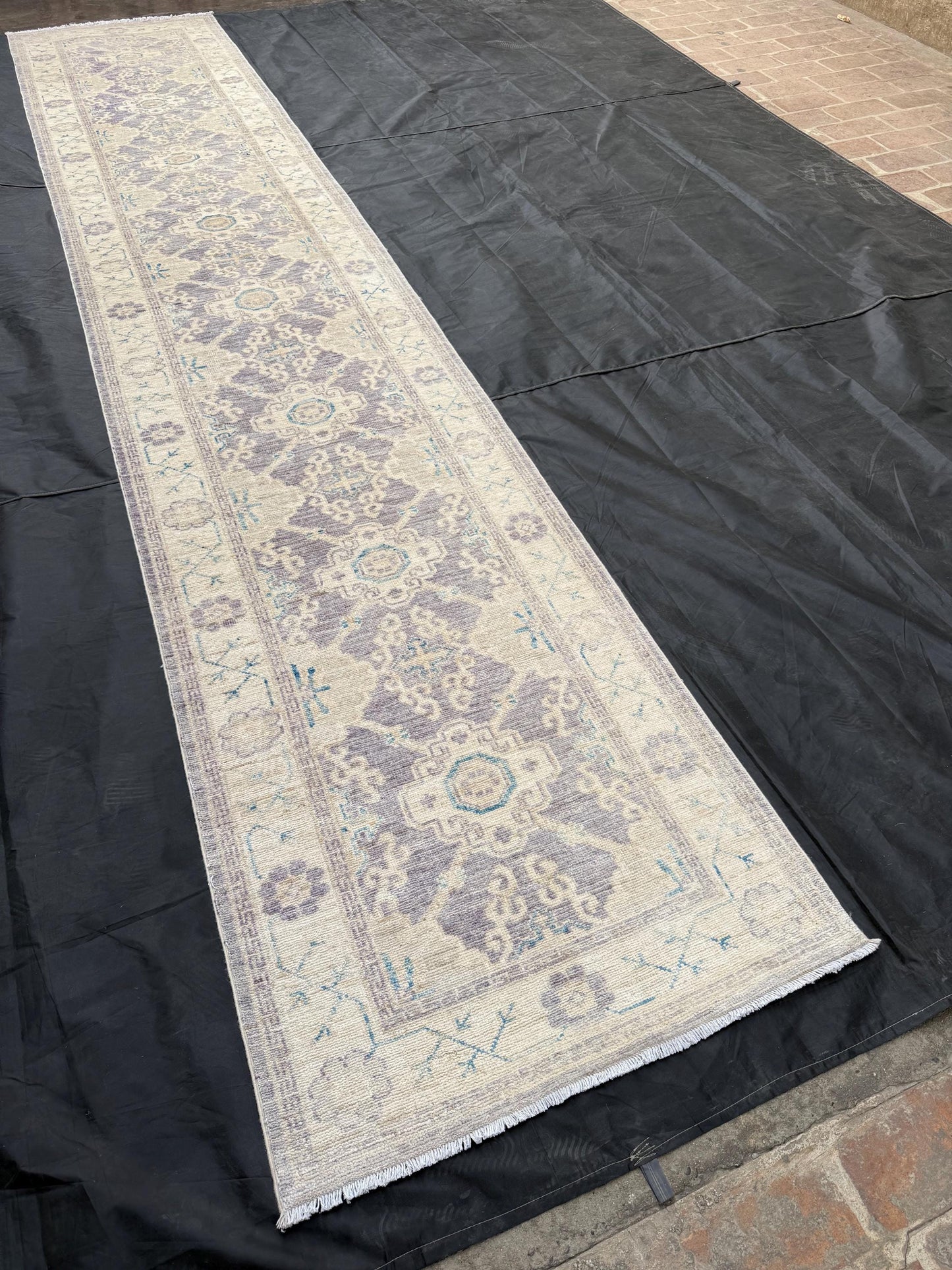 14 ft Extra long Handmade Oushak Runner Rug -Rustic Turkish Oushak runner,,Soft Blue Cream toned Runner rug.Soft Pastel Oushak Runner Rug.