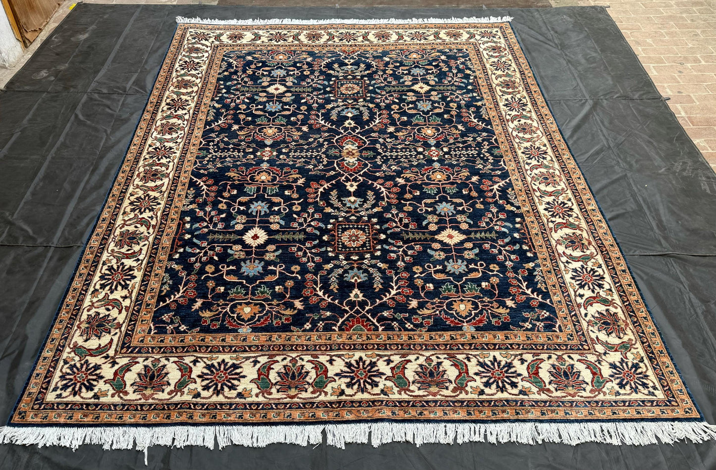 Handmade Chobi Rug -Elegant Navy Blue and Cream Wool Carpet with Floral Design,Handmade Persian Style Chobi RugNavy Blue and Beige Chobi Rug