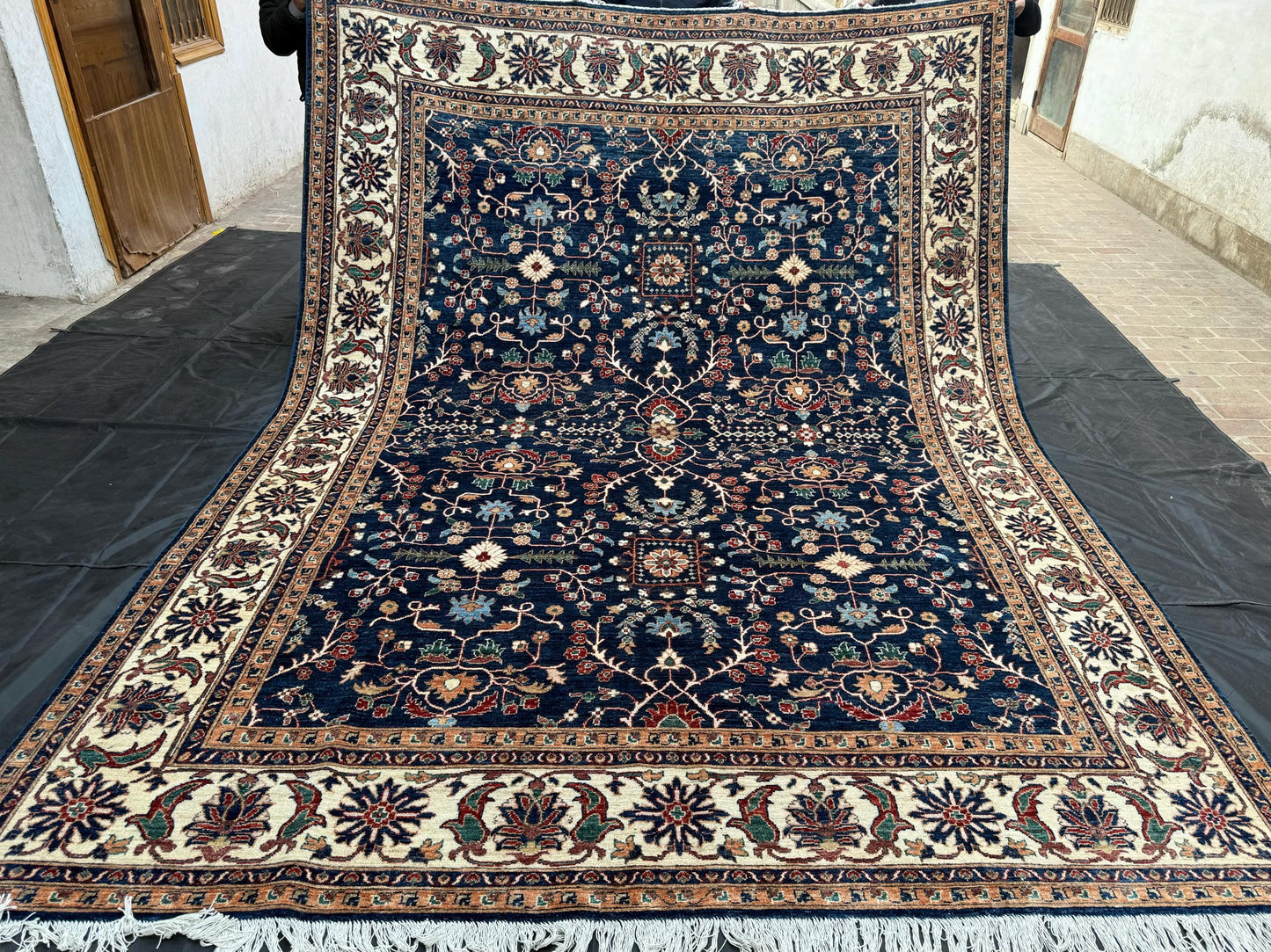 Handmade Chobi Rug -Elegant Navy Blue and Cream Wool Carpet with Floral Design,Handmade Persian Style Chobi RugNavy Blue and Beige Chobi Rug