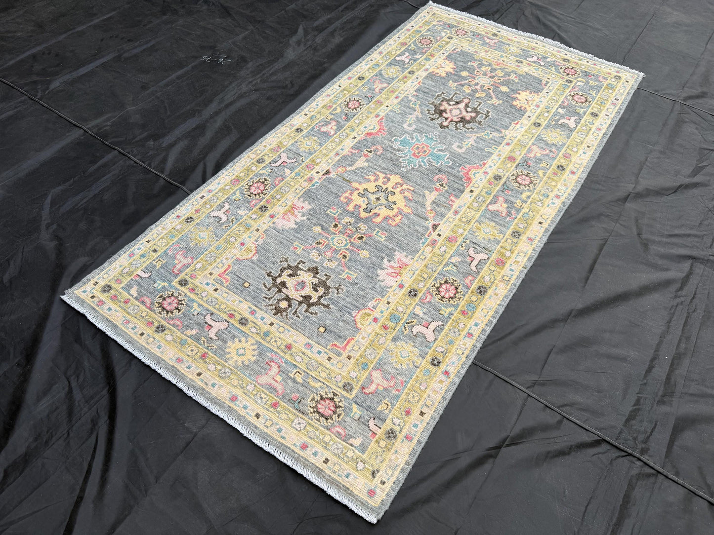 Handmade Oushak Rug - Elegant Blue and Yellow Wool Carpet with Vintage Floral Design,Handmade Turkish Wool Carpet in Blue and Neutral Tones.