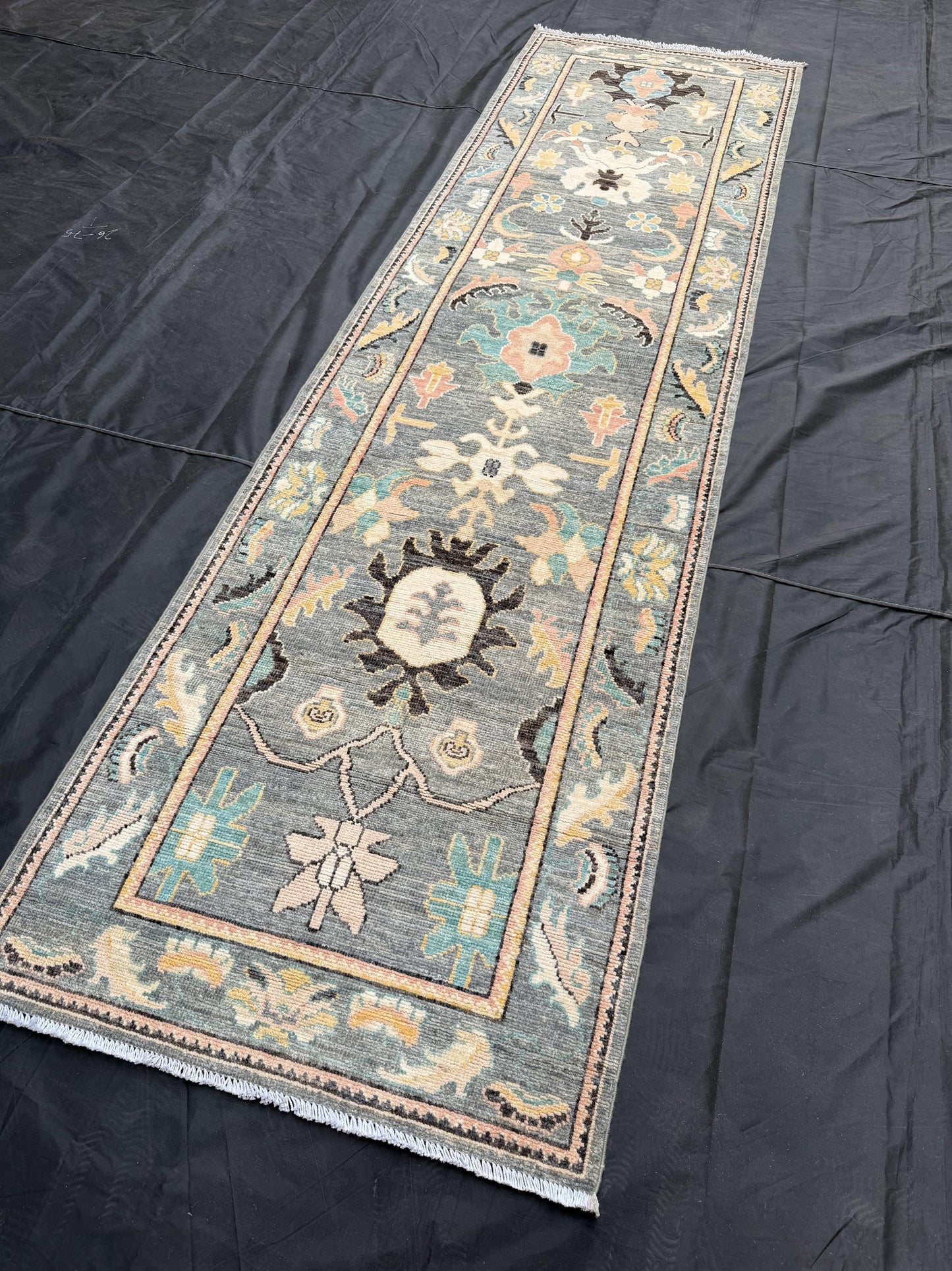 10 ft Turkish Vintage-Style Oushak Runner Rug,Contemporary Oushak Runner Rug,Soft Gray blue Beige runner rug,3x10 Hallway Blue runner rug.