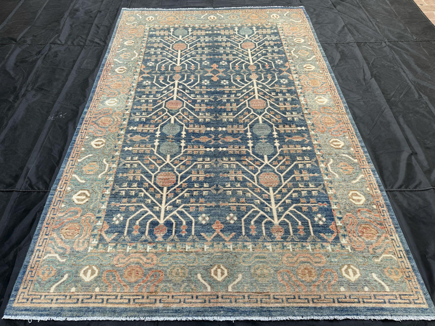 Blue and Beige Rug,Floral and Geometric Rug,5x9 Neutral Tone Rug,Soft Pastel Turkish Rug,Handmade Rug with Tree of Life and Floral Design