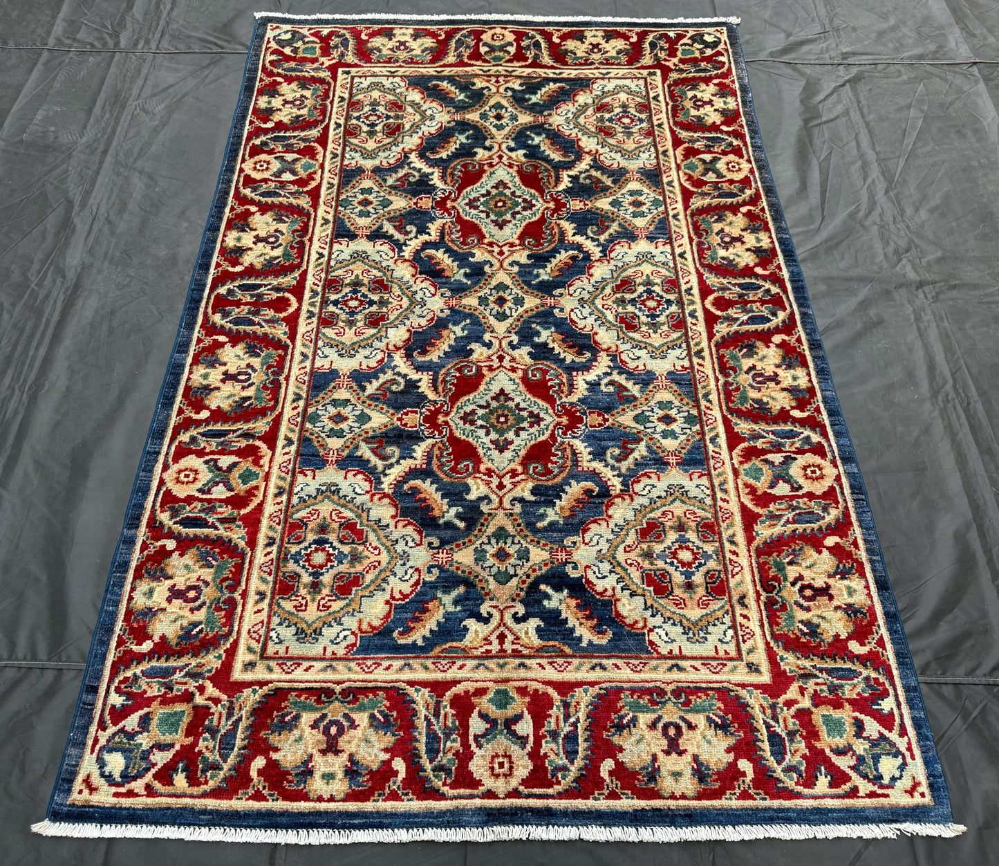 Handmade Persian-Style Rug - Red and Blue Wool Carpet with Intricate Floral Design,Handmade Wool Carpet with Rich Red and Blue Tones.4x6 Rug