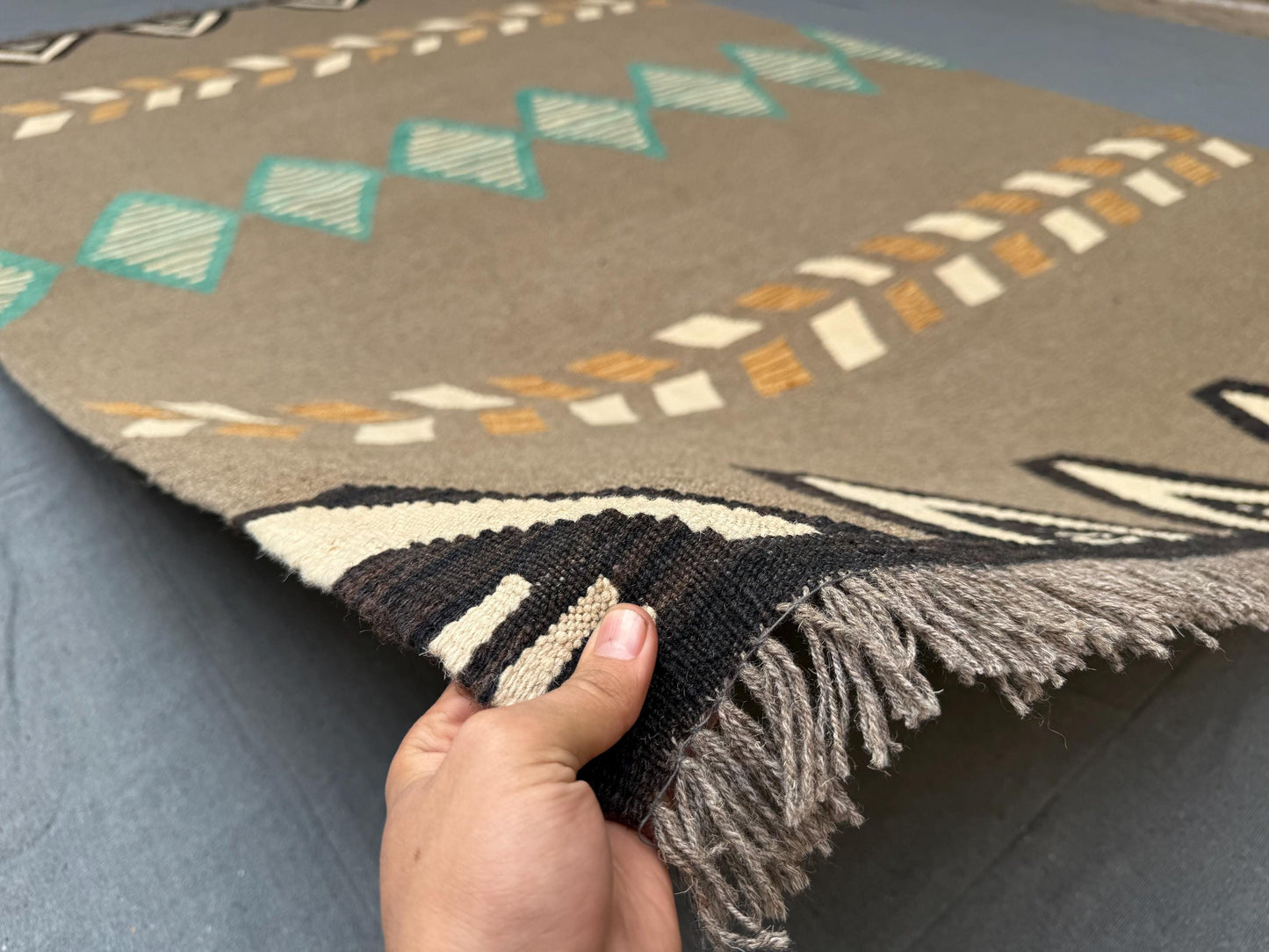 6x9 Handmade Kilim Rug - Geometric Wool Flatweave in Earthy Brown and Turquoise Tones,Turkish Kilim Rug-  with Neutral and Vibrant Accents.