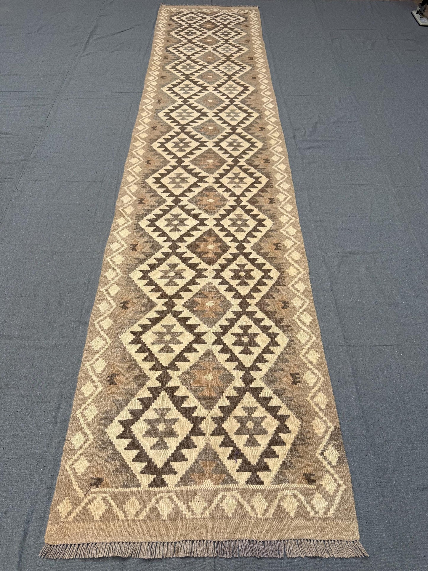 Flatweave reversible Kilim Runner Rug,Beige and Brown Wool Flatweave Carpet for Narrow Spaces,Long Kilim Runner Rug,13 ft runner kilim.