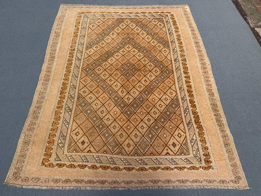 Vintage Turkish Afghan Oriental Rug - Handmade Geometric Pattern Wool Carpet - Beige, Brown & Blue Bohemian Area Rug 4.10 x 6.3 ft