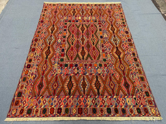 Handwoven Vintage Turkish Afghan Kilim Rug - Geometric Tribal Wool Carpet - Red, Orange & Multicolor Bohemian Area Rug 4.9 x 6.6 ft