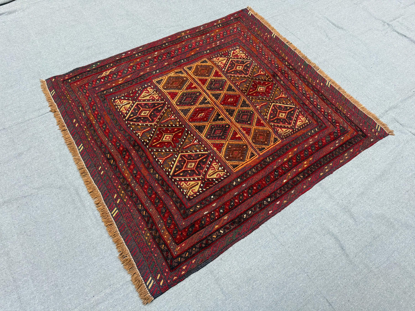 Antique Turkish Afghan Tribal Rug - Handwoven Wool Oriental Carpet - Dark Red, Brown & Gold Geometric Nomadic Kilim 3.10 x 4.3 ft