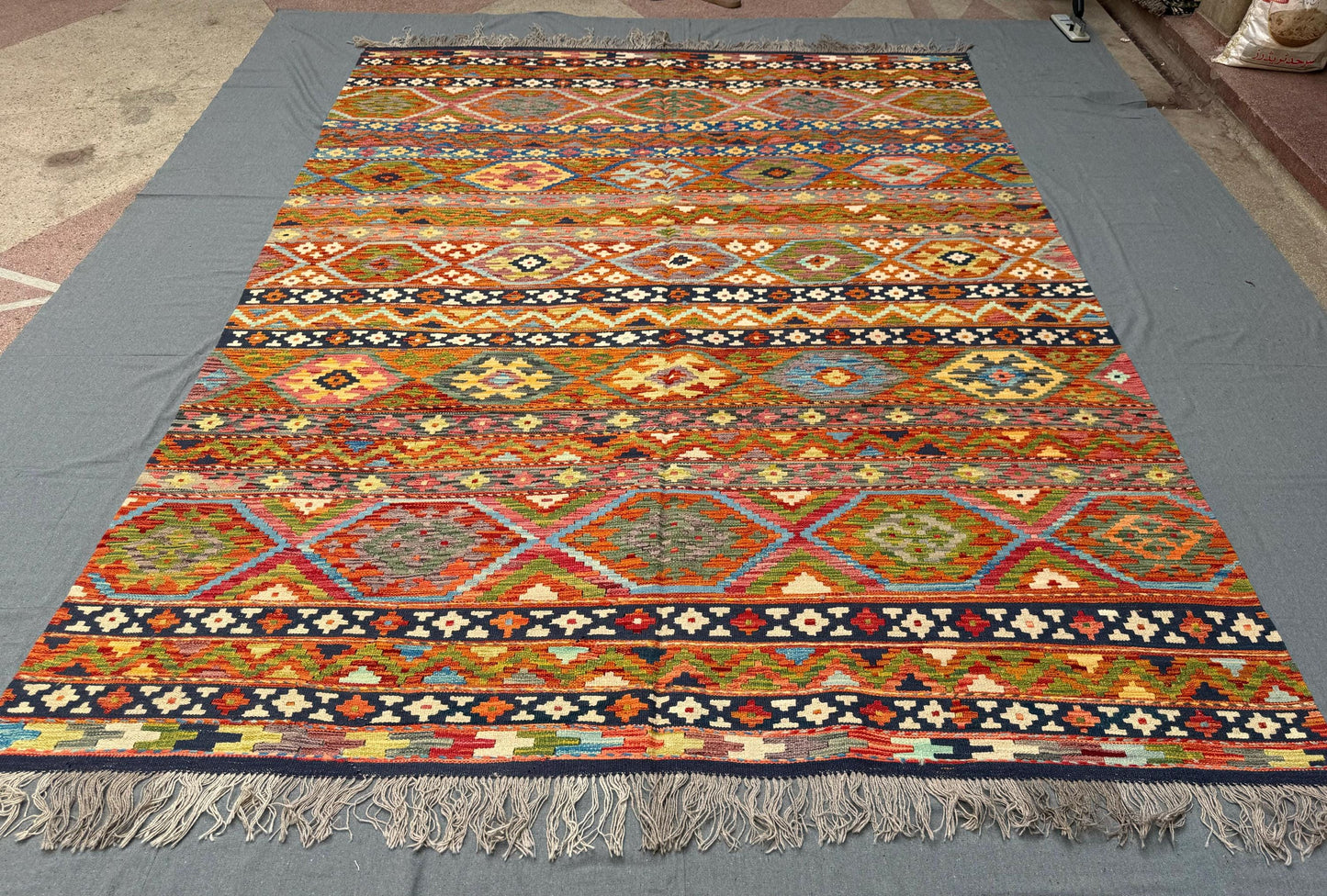 Handmade 8x11 Khorjin Kilim Rug-Vibrant Multicolor Wool Flatweave,Large Khorjin Kilim Rug 8x11,Geometric Multicolor Kilim,Large Kilim Rug