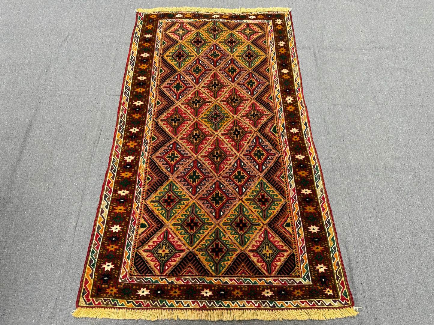 Handwoven Turkish Afghan Runner Rug - Vintage Wool Tribal Hallway Carpet - Red, Green & Gold Geometric Kilim 2.5 x 4.3 ft