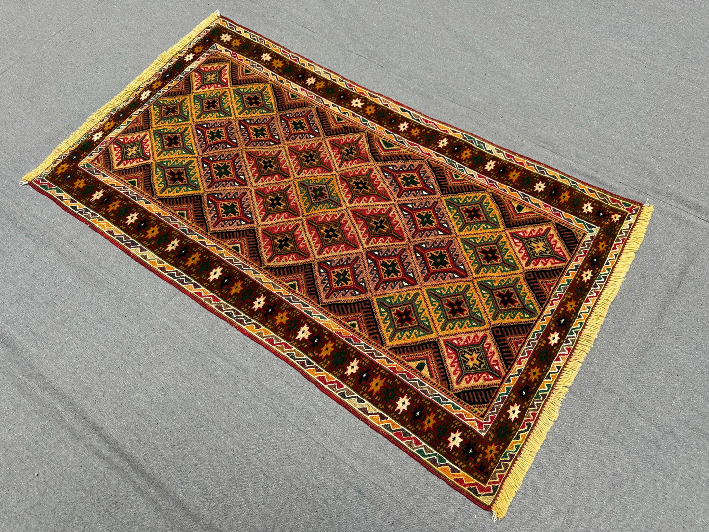 Handwoven Turkish Afghan Runner Rug - Vintage Wool Tribal Hallway Carpet - Red, Green & Gold Geometric Kilim 2.5 x 4.3 ft