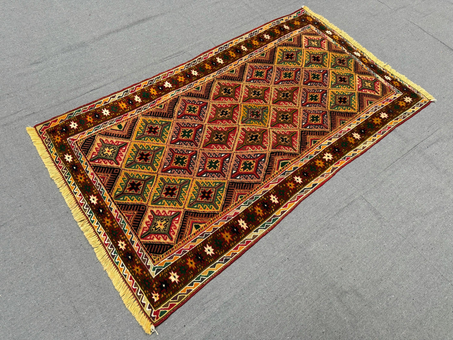 Handwoven Turkish Afghan Runner Rug - Vintage Wool Tribal Hallway Carpet - Red, Green & Gold Geometric Kilim 2.5 x 4.3 ft