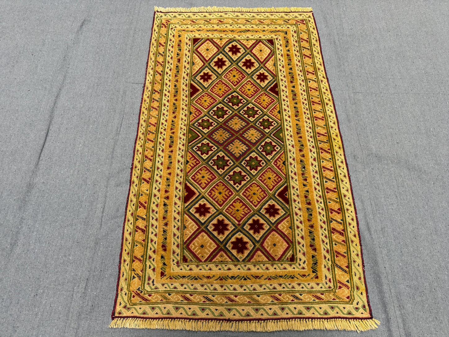 Handwoven Turkish Afghan Runner Rug - Vintage Wool Tribal Carpet - Gold, Red & Green Geometric Bohemian Hallway Rug 2.5 x 4.2 ft