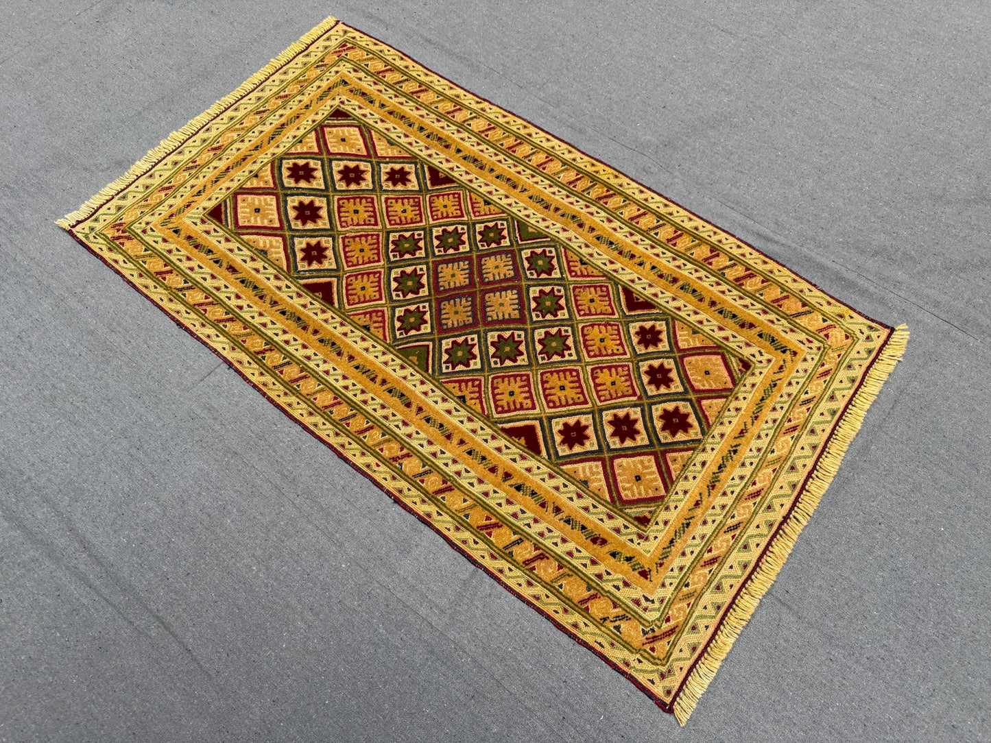 Handwoven Turkish Afghan Runner Rug - Vintage Wool Tribal Carpet - Gold, Red & Green Geometric Bohemian Hallway Rug 2.5 x 4.2 ft