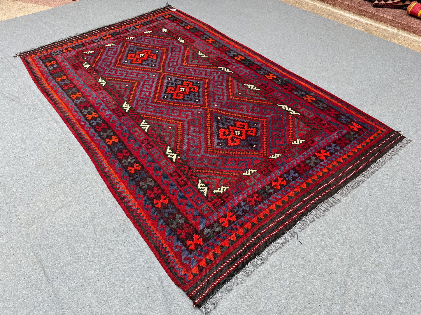 Handmade 5x8 Vintage Turkish Kilim Rug - Red and Blue Tribal Design,Red and Blue Handmade Kilim Rug - 5x8 Vintage Turkish Carpet,Vintage