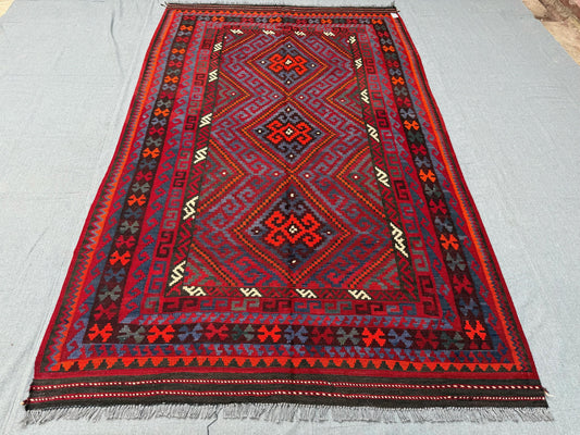 Handmade 5x8 Vintage Turkish Kilim Rug - Red and Blue Tribal Design,Red and Blue Handmade Kilim Rug - 5x8 Vintage Turkish Carpet,Vintage