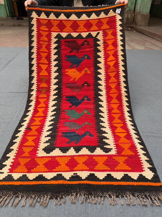 Handmade Vintage Turkish Kilim Rug- Multicolor Tribal Flatweave,Red Orange Handmade Vintage Kilim Rug - Turkish Tribal Wool,Vintage Kilim