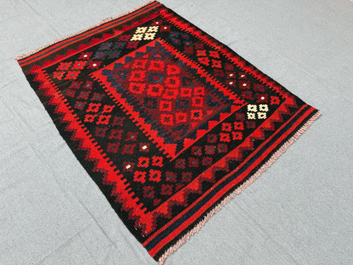 Handmade Vintage Red and Black Kilim Rug,Turkish Tribal Handmade Kilim Rug,Vintage Turkish Kilim Rug,3x4 Small Kilim Rug for gift,Vintage.