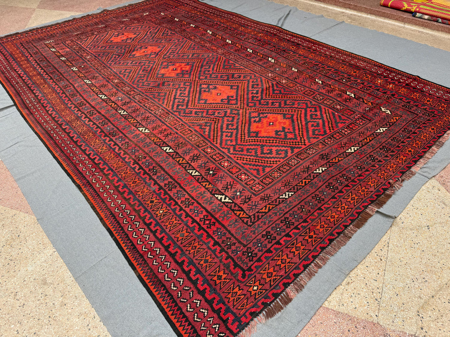 Handmade Large Vintage Kilim Rug 8x13 Turkish Oriental Wool Carpet Red and Black Geometric Bohemian Tribal Area Rug, Handwoven Kilim Carpet