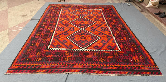 Handmade Large Vintage Kilim Rug 8x12 Turkish Oriental Tribal Wool Carpet Red and Black Geometric Bohemian Area Rug, Traditional Tribal Rug