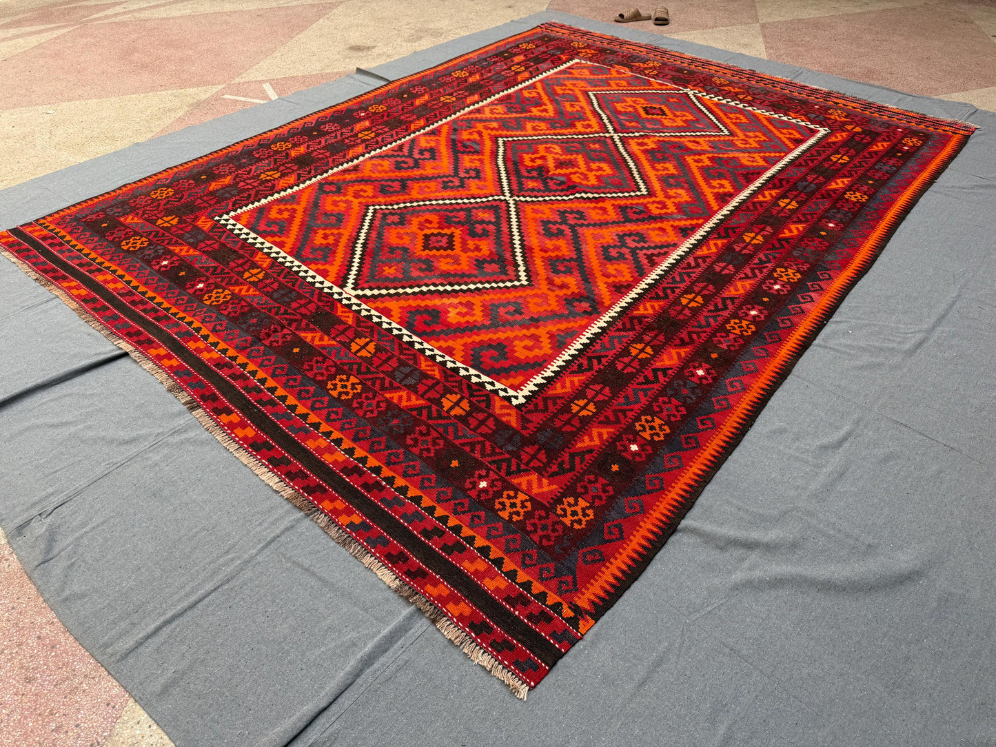 Handmade Large Vintage Kilim Rug 8x12 Turkish Oriental Tribal Wool Carpet Red and Black Geometric Bohemian Area Rug, Traditional Tribal Rug