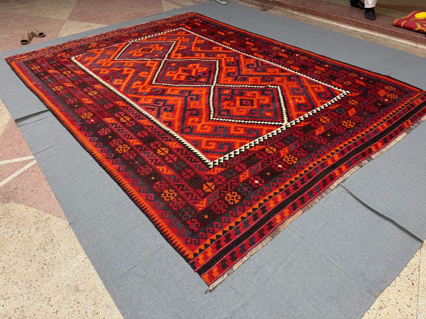 Handmade Large Vintage Kilim Rug 8x12 Turkish Oriental Tribal Wool Carpet Red and Black Geometric Bohemian Area Rug, Traditional Tribal Rug