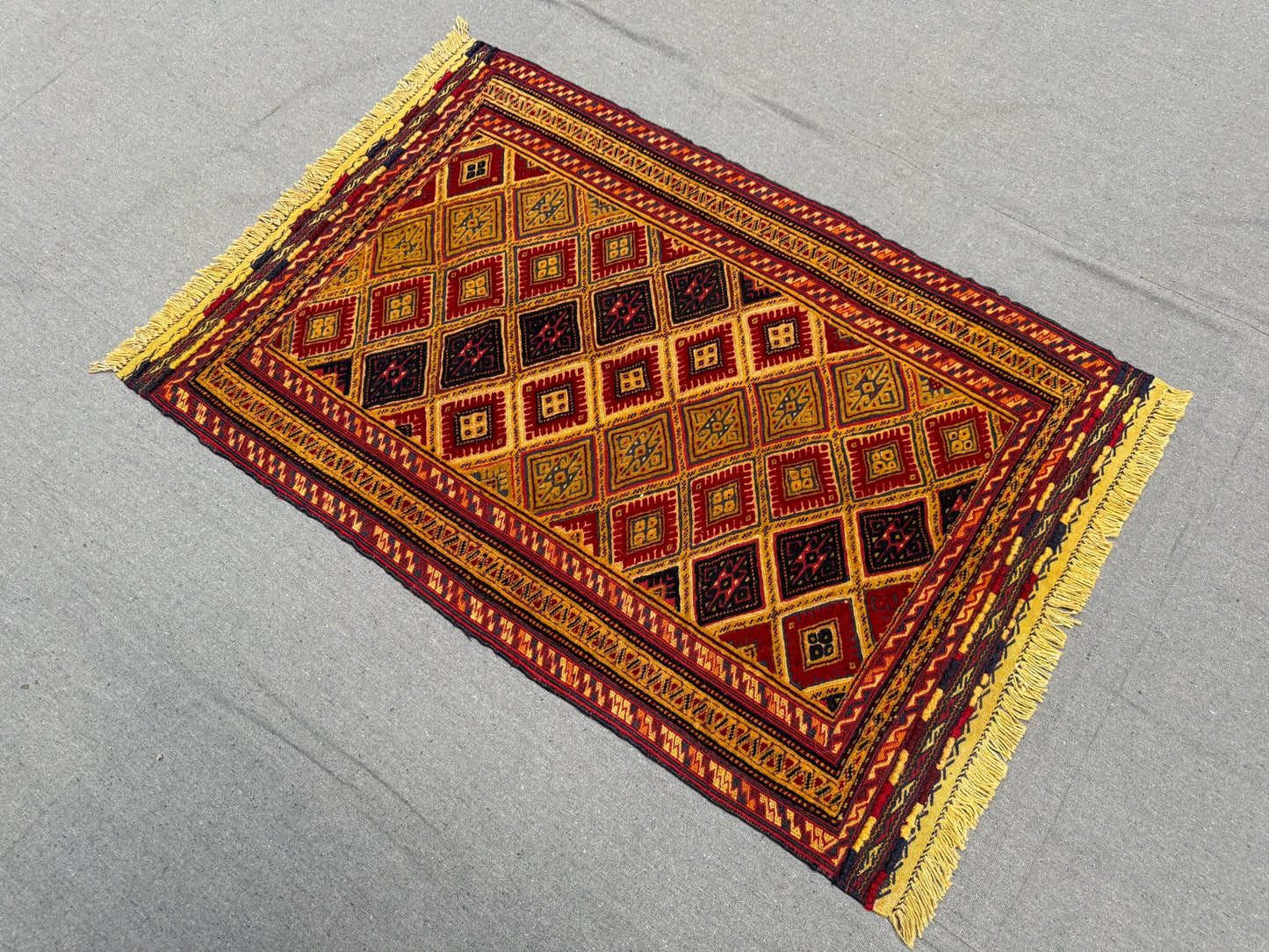 Handwoven Turkish Afghan Runner Rug - Vintage Wool Tribal Carpet - Red, Gold & Black Geometric Oriental Hallway Rug 2.7 x 3.9 ft