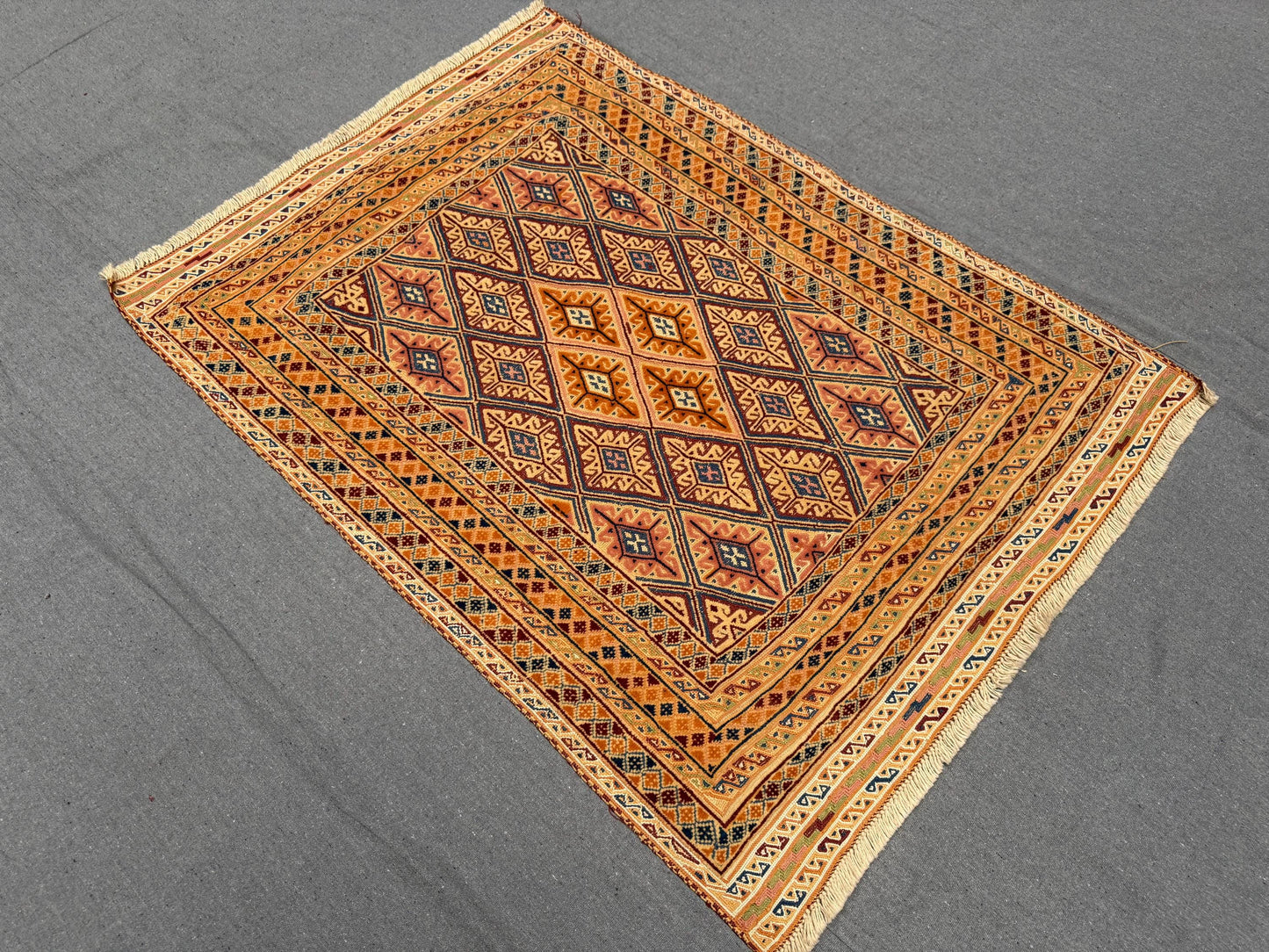 Vintage Turkish Afghan Rug - Handmade Wool Tribal Carpet - Beige, Brown & Blue Geometric Oriental Area Rug 2.2 x 4.2 ft