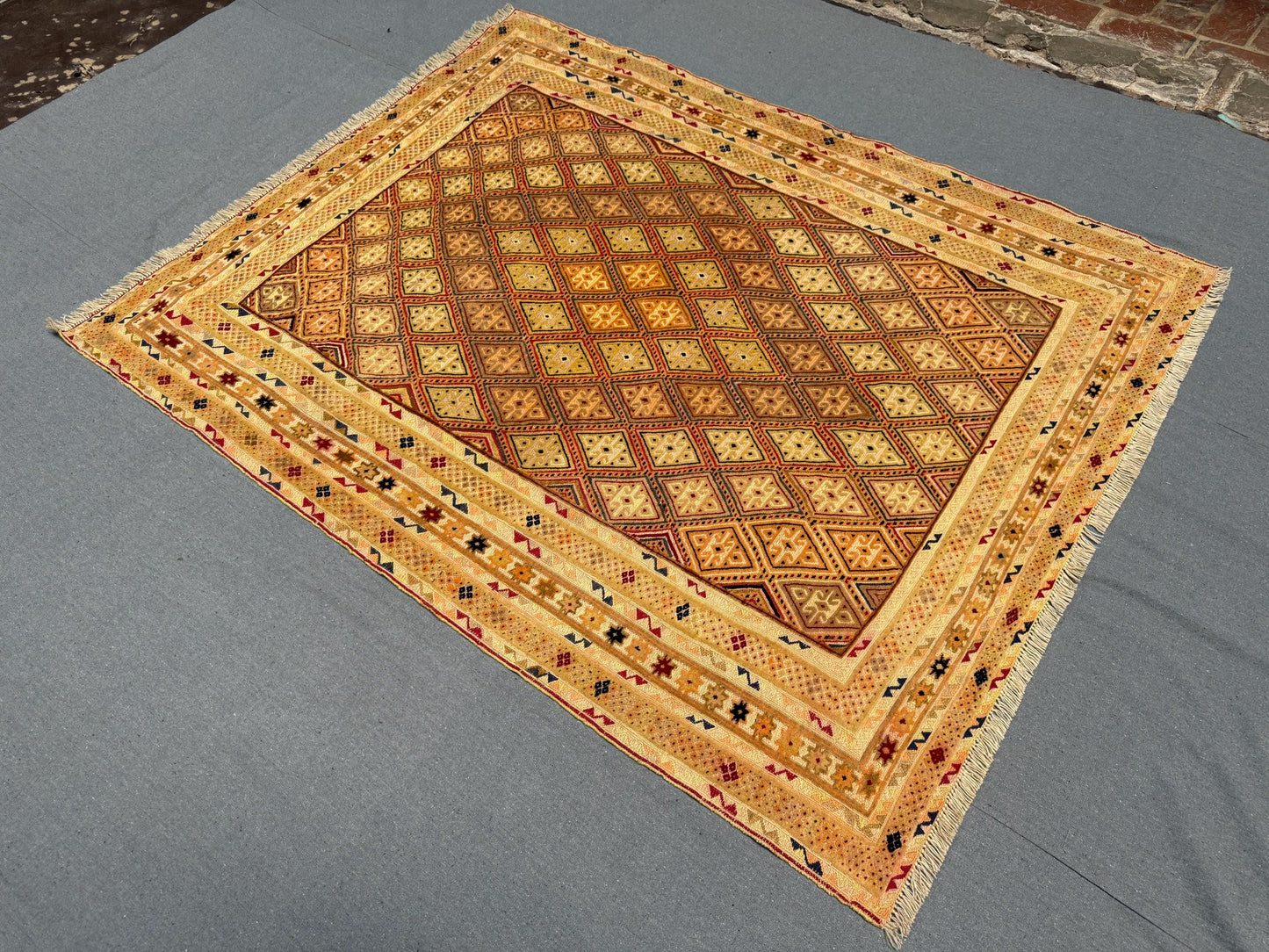 Handwoven Afghan Turkish Rug - Vintage Wool Oriental Carpet - Beige, Gold & Brown Geometric Tribal Rug 5 x 6.2 ft