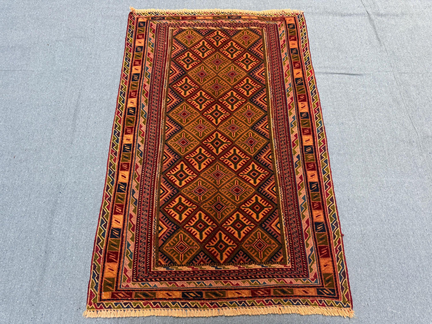 Handwoven Afghan Turkish Rug - Vintage Wool Oriental Carpet - Red, Orange & Black Geometric Tribal Rug 2.4 x 3.7 ft