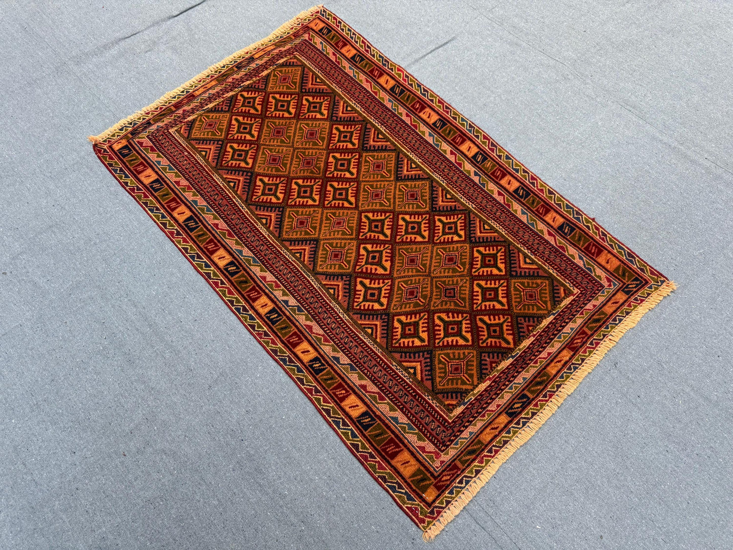 Handwoven Afghan Turkish Rug - Vintage Wool Oriental Carpet - Red, Orange & Black Geometric Tribal Rug 2.4 x 3.7 ft