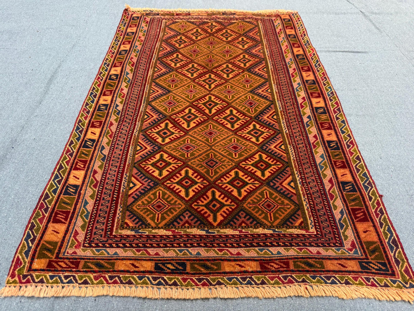 Handwoven Afghan Turkish Rug - Vintage Wool Oriental Carpet - Red, Orange & Black Geometric Tribal Rug 2.4 x 3.7 ft