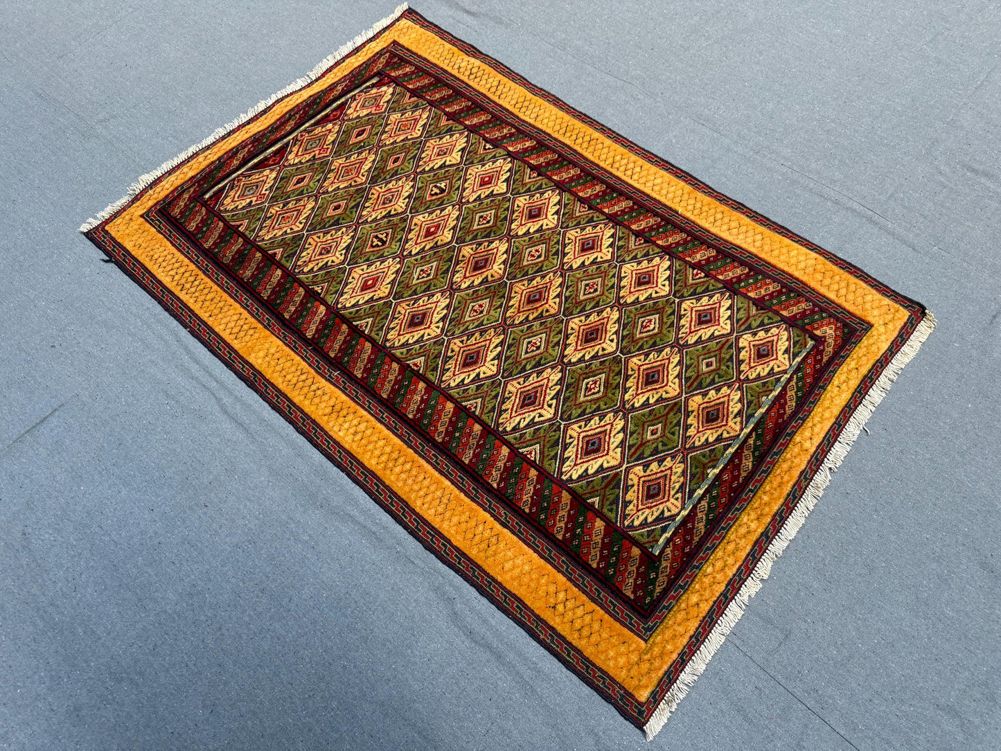 Handwoven Afghan Turkish Rug - Vintage Wool Oriental Carpet - Green, Gold & Red Geometric Tribal Runner 3.2 x 4.8 ft