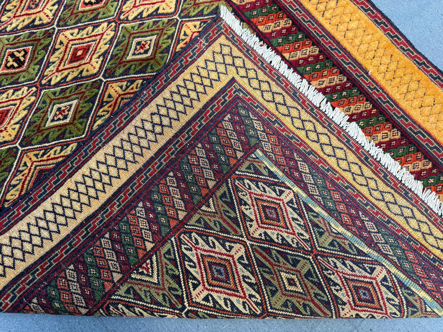 Handwoven Afghan Turkish Rug - Vintage Wool Oriental Carpet - Green, Gold & Red Geometric Tribal Runner 3.2 x 4.8 ft