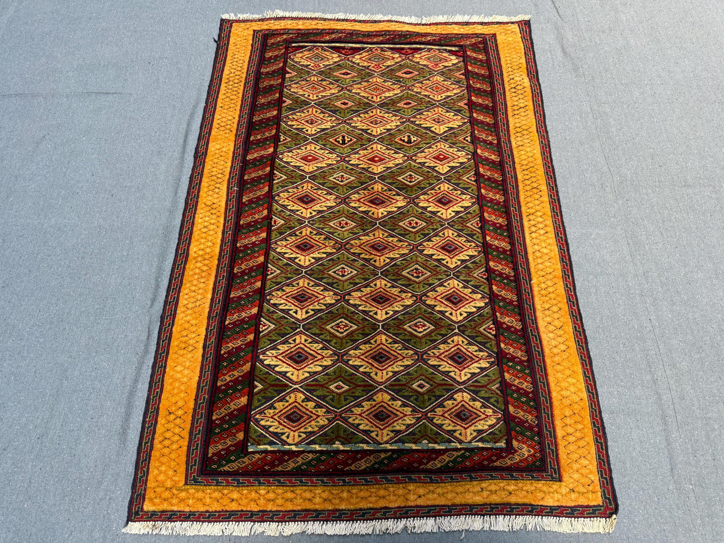 Handwoven Afghan Turkish Rug - Vintage Wool Oriental Carpet - Green, Gold & Red Geometric Tribal Runner 3.2 x 4.8 ft