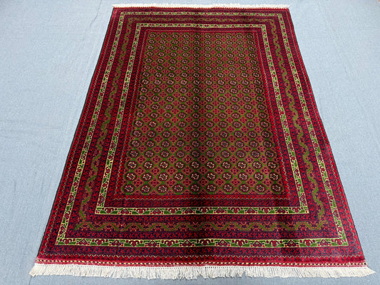 Traditional Persian-Inspired Rug – Handwoven Wool Area Carpet for Home Decor,Afghan Turkmen Area rug,Red and Green Geometric Wool Carpet.