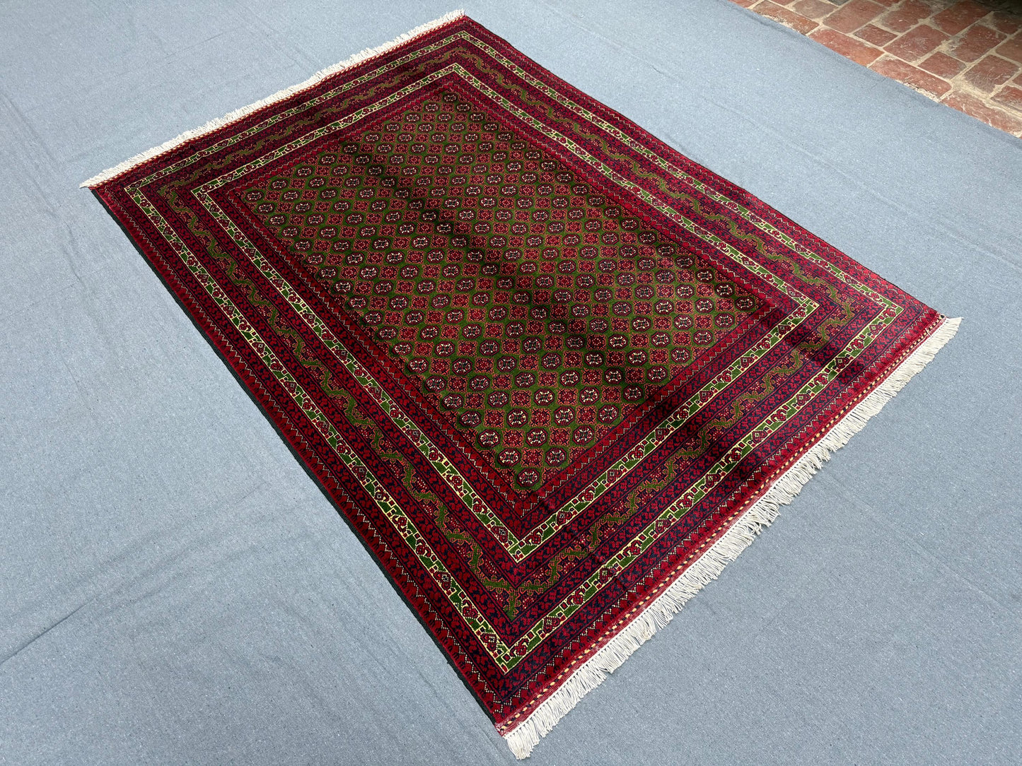 Traditional Persian-Inspired Rug – Handwoven Wool Area Carpet for Home Decor,Afghan Turkmen Area rug,Red and Green Geometric Wool Carpet.