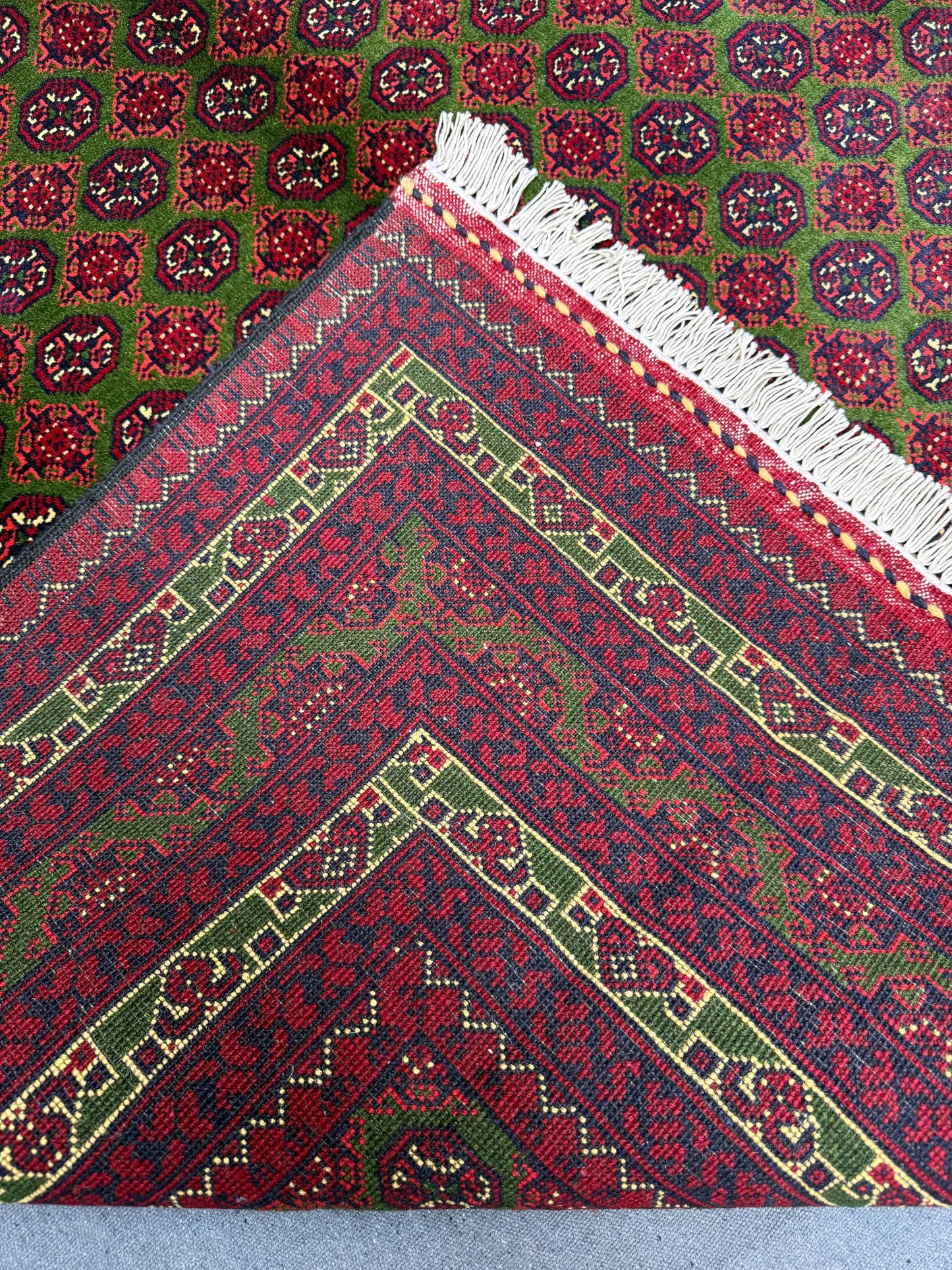 Traditional Persian-Inspired Rug – Handwoven Wool Area Carpet for Home Decor,Afghan Turkmen Area rug,Red and Green Geometric Wool Carpet.