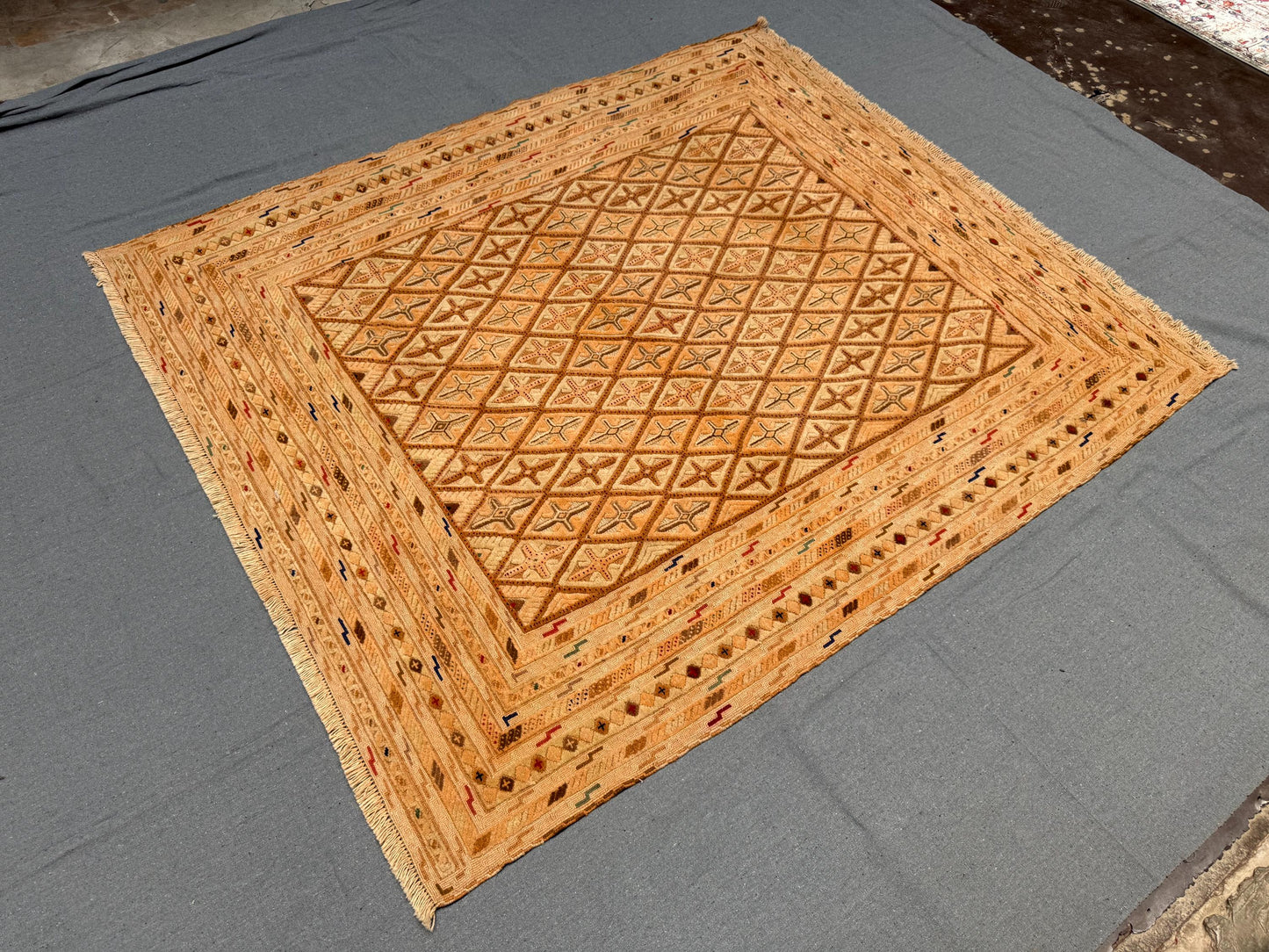 5.4 x 6.1 ft Handwoven Afghan Turkish Rug - Vintage Wool Tribal Carpet - Beige & Brown Geometric Oriental Area Rug