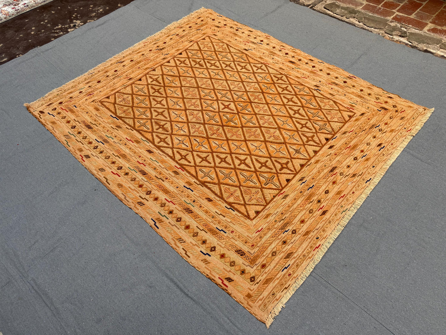 5.4 x 6.1 ft Handwoven Afghan Turkish Rug - Vintage Wool Tribal Carpet - Beige & Brown Geometric Oriental Area Rug